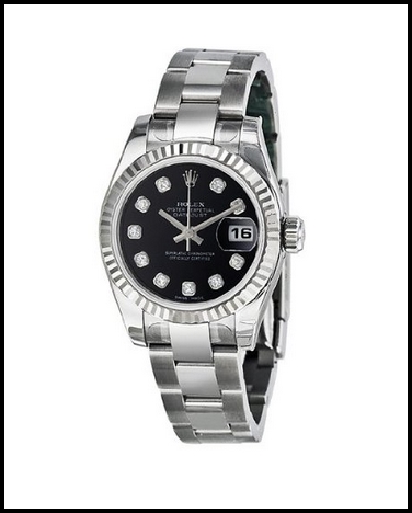 Rolex Datejust Black Diamond Dial Oyster Bracelet 18kt White Gold Bezel Ladies Replica Watch 179174BKDO Review